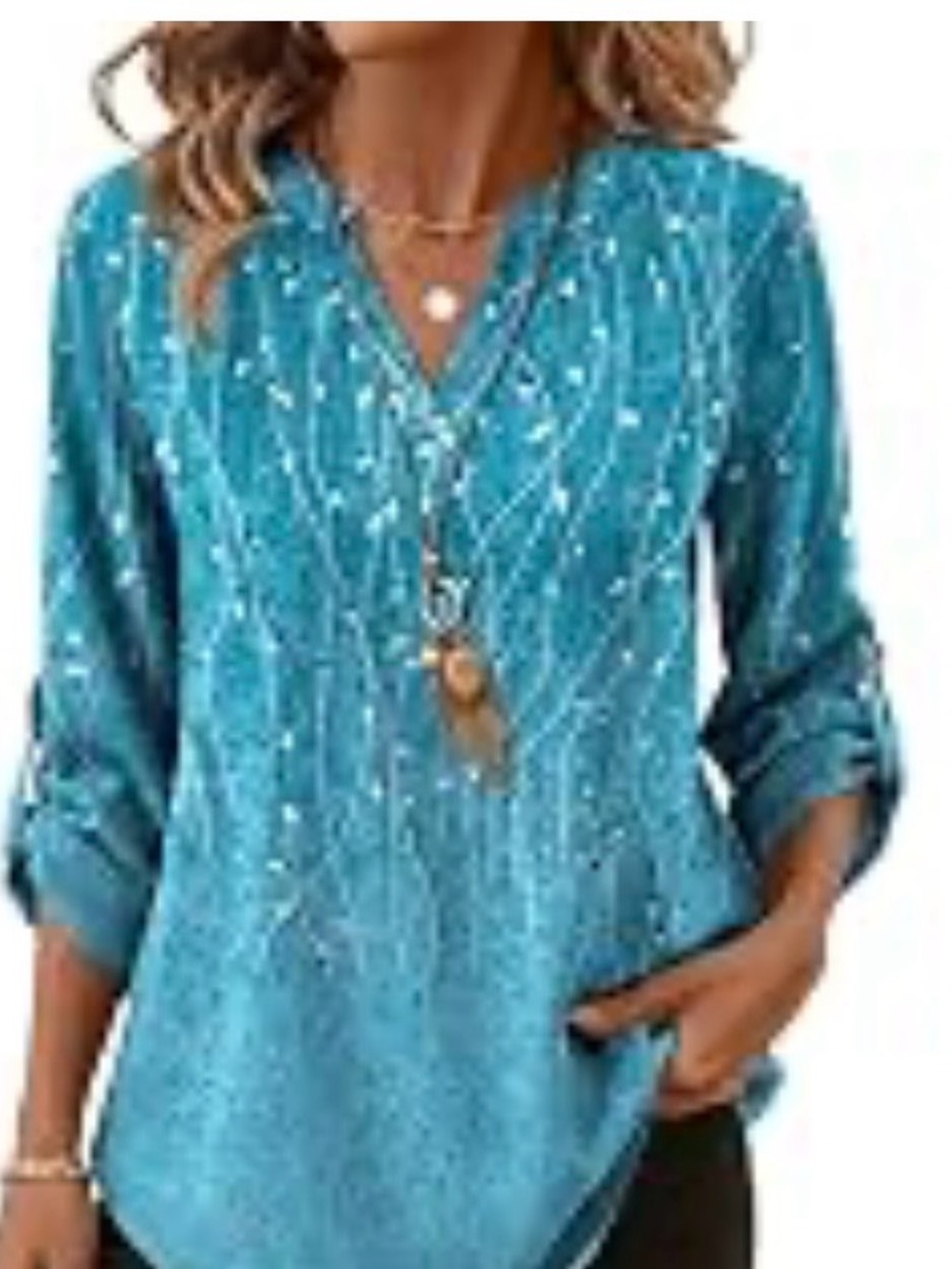Teal V-Neck Embroidered Long Sleeve Blouse